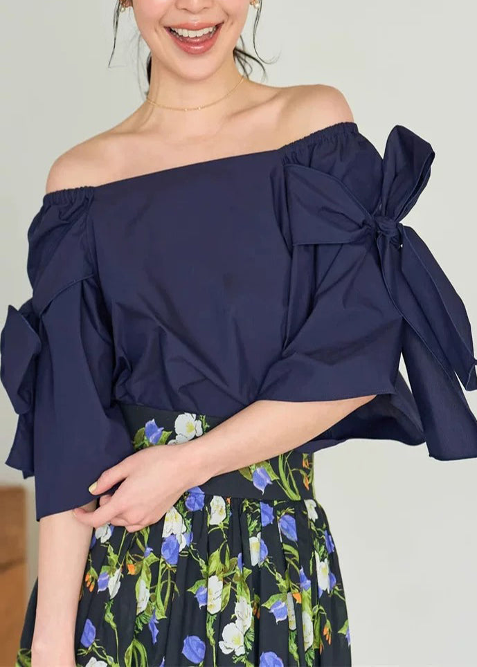 Navy Cold Shoulder Cotton Shirt Top Summer