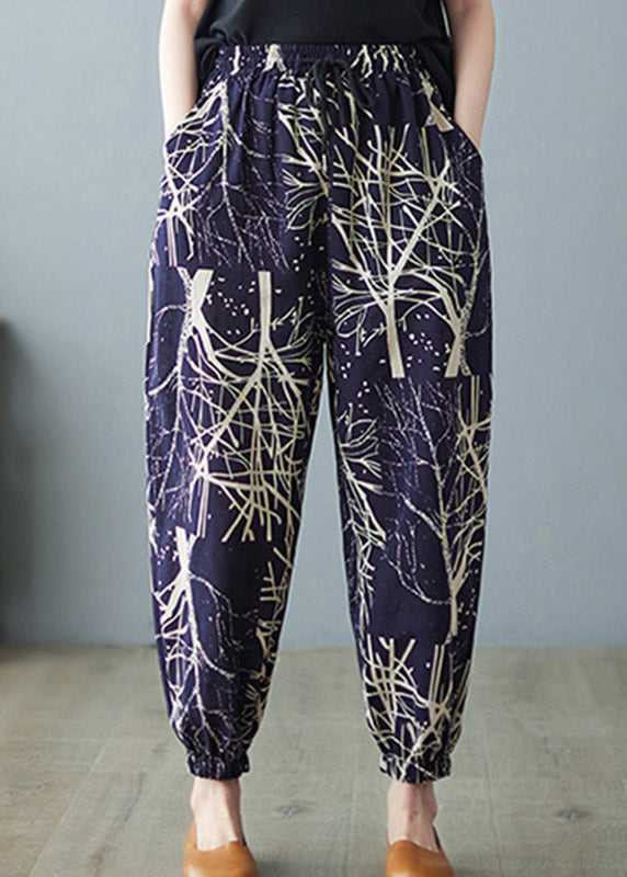 Navy Elastic Waist Print Harem Pants Summer