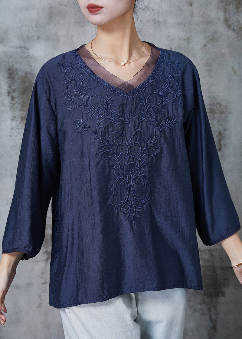 Navy Embroidered Cotton Shirt Top Half Sleeve