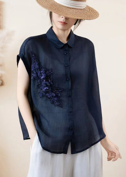 Navy Embroidered Linen Shirt Top Summer