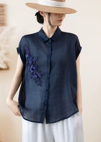 Navy Embroidered Linen Shirt Top Summer