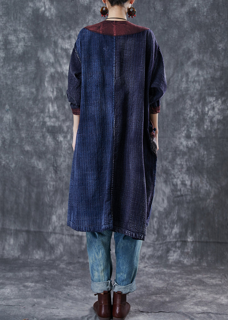 Navy Embroidered Patchwork Applique Denim Oriental Dresses Spring