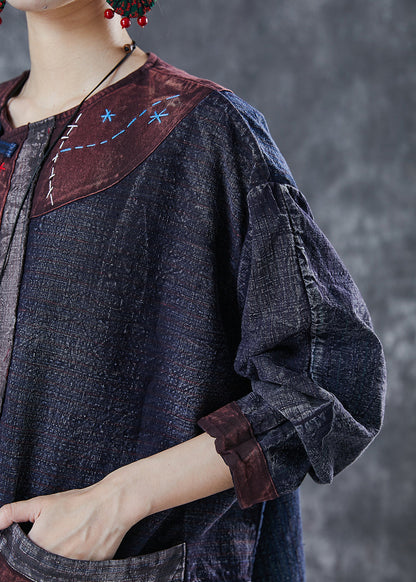 Navy Embroidered Patchwork Applique Denim Oriental Dresses Spring
