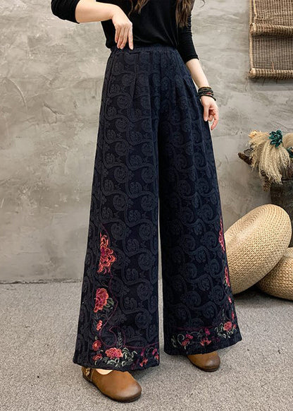 Navy Embroidered Pockets Cotton Wide Leg Trousers Spring