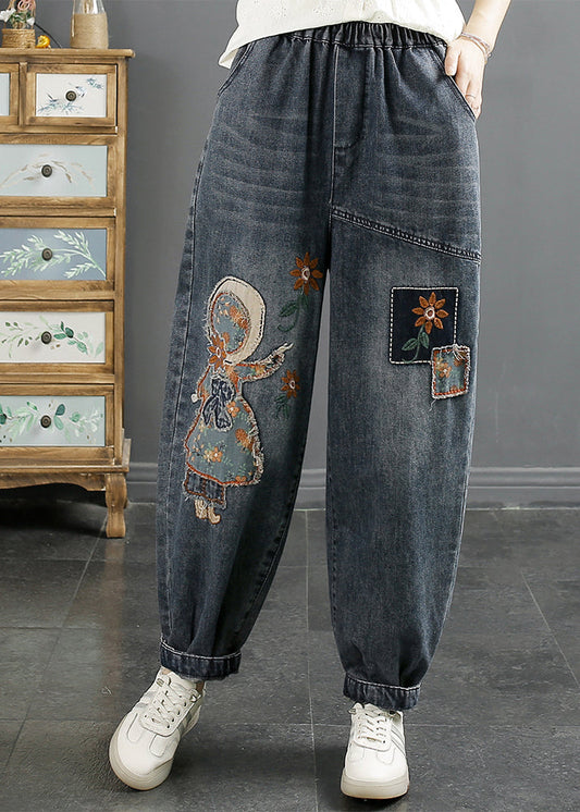 Navy Embroidered Applique Denim Harem Pants Winter