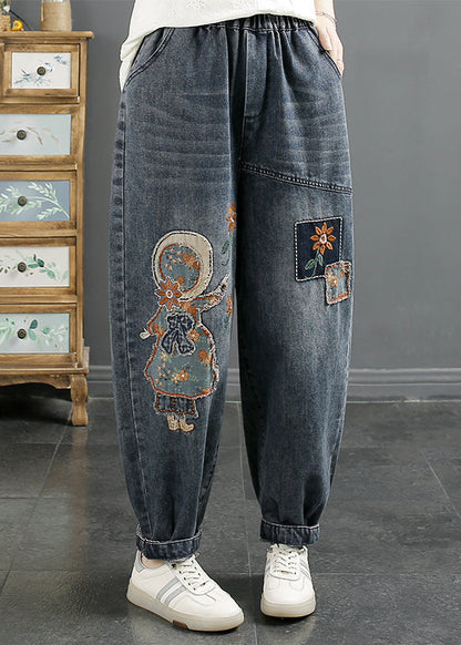 Navy Embroidered Applique Denim Harem Pants Winter