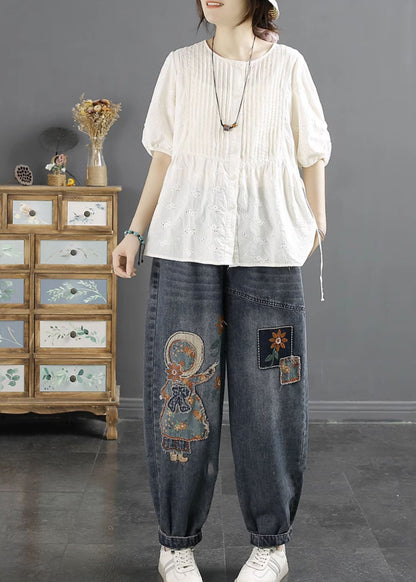 Navy Embroidered Applique Denim Harem Pants Winter