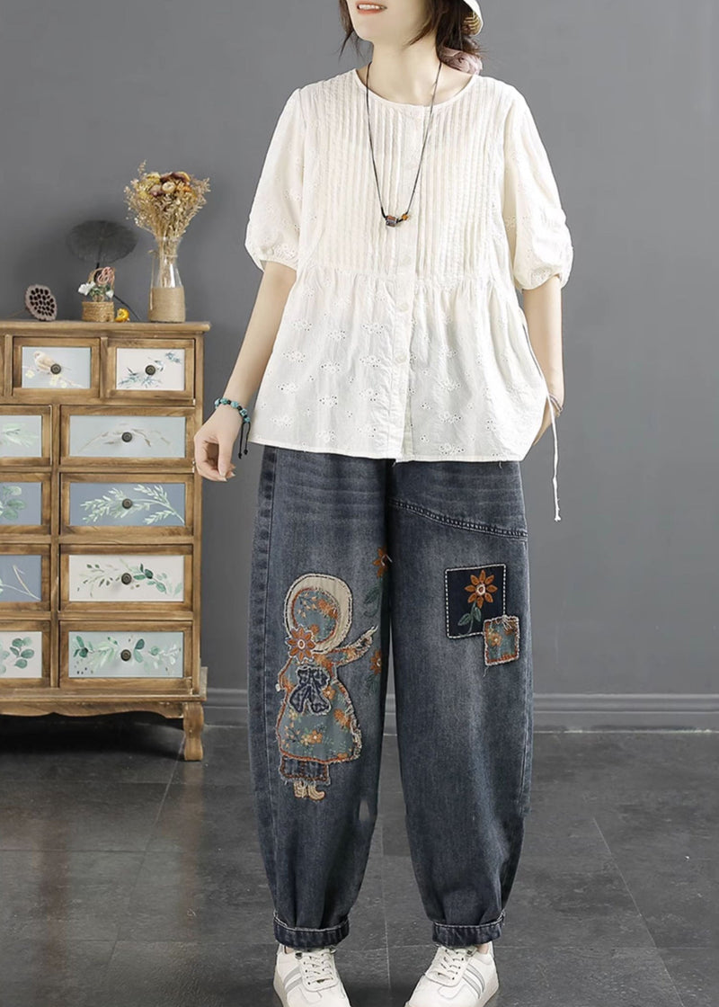 Navy Embroidered Applique Denim Harem Pants Winter