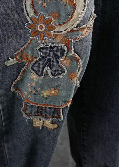 Navy Embroidered Applique Denim Harem Pants Winter