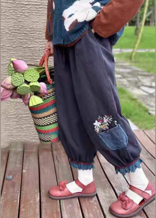 Navy Embroideried Pockets Elastic Waist Cotton Crop Pants Spring