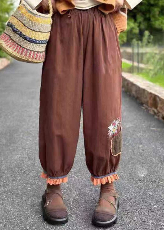 Navy Embroideried Pockets Elastic Waist Cotton Crop Pants Spring