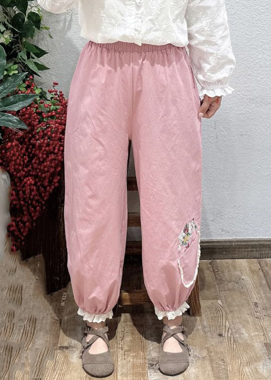 Navy Embroideried Pockets Elastic Waist Cotton Crop Pants Spring