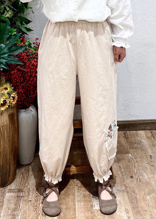 Navy Embroideried Pockets Elastic Waist Cotton Crop Pants Spring