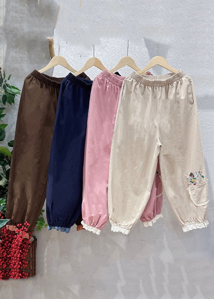 Navy Embroideried Pockets Elastic Waist Cotton Crop Pants Spring