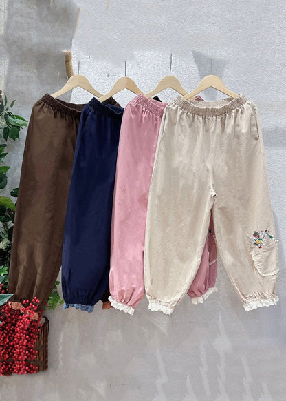 Navy Embroideried Pockets Elastic Waist Cotton Crop Pants Spring