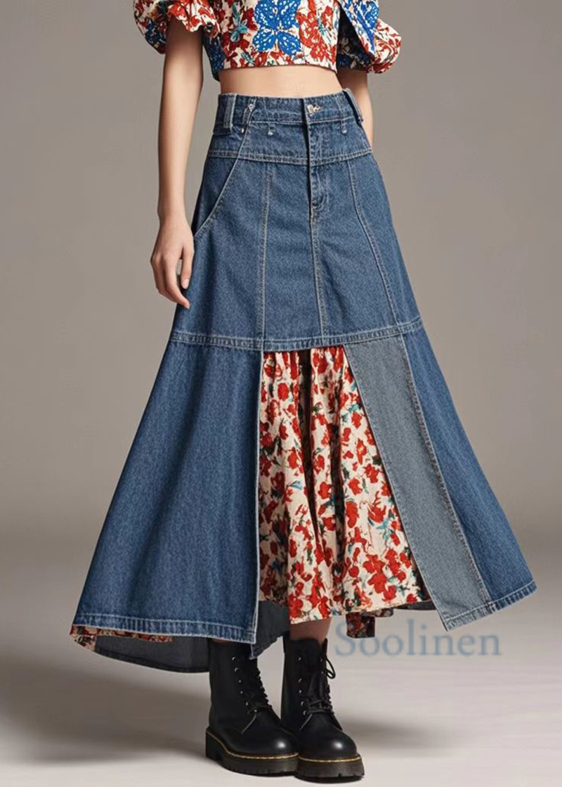 Navy High Waist Patchwork Denim a Line Skirts Spring