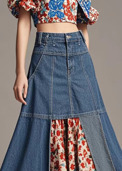 Navy High Waist Patchwork Denim a Line Skirts Spring