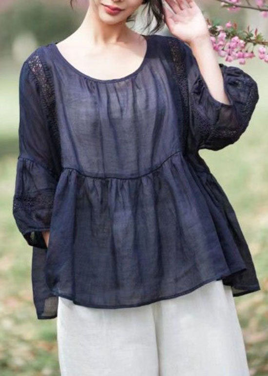 Navy Hollow Out Embroideried Patchwork Linen Tops Summer