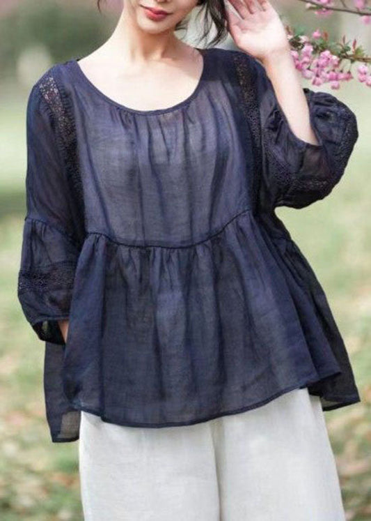 Navy Hollow Out Embroideried Patchwork Linen Tops Summer