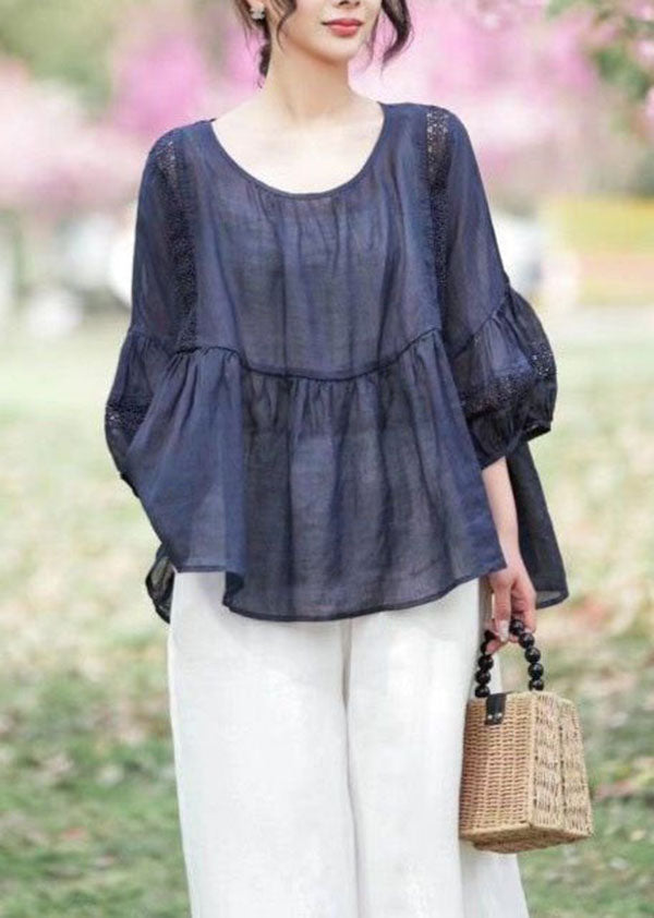 Navy Hollow Out Embroideried Patchwork Linen Tops Summer