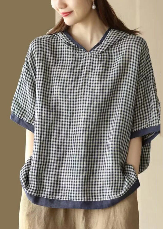Navy Hooded Plaid Linen Shirt Tops Summer