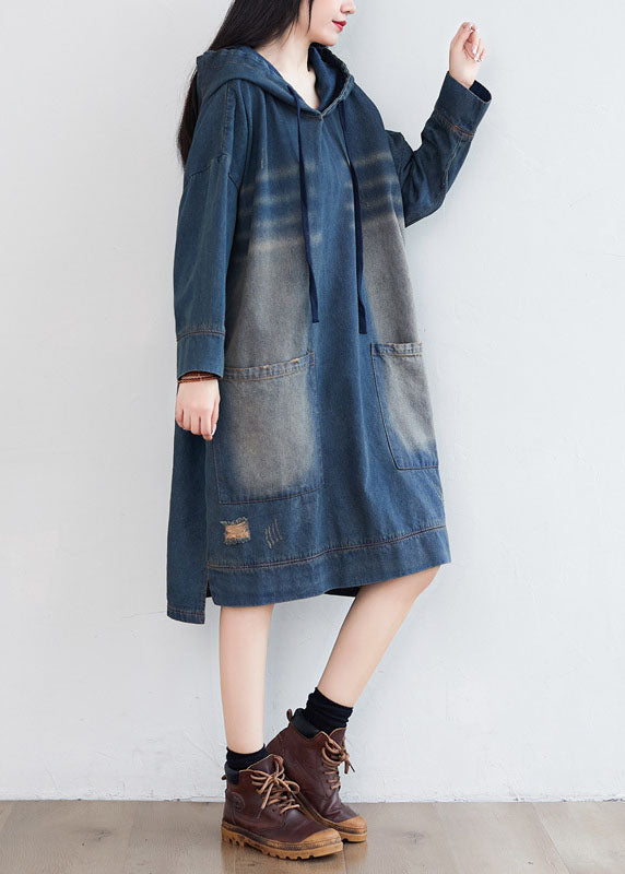 Navy Hooded Pockets Patchwork Denim Dresses Spring