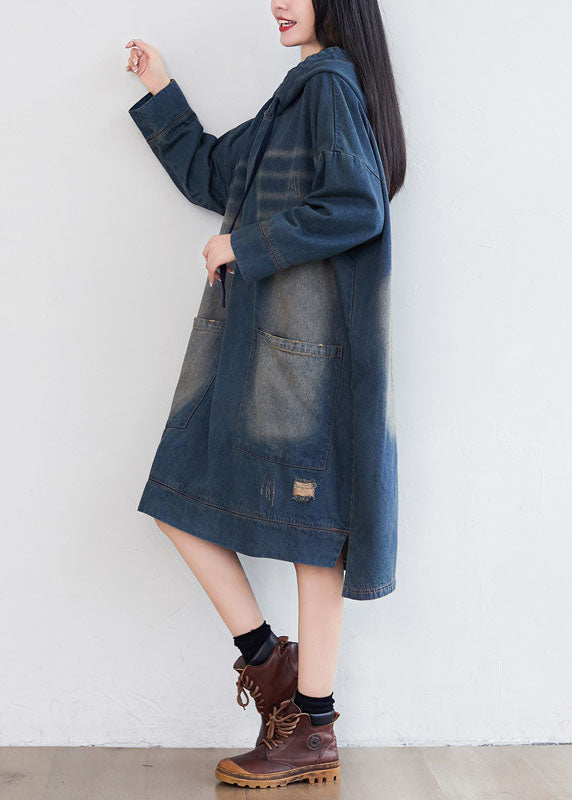 Navy Hooded Pockets Patchwork Denim Dresses Spring