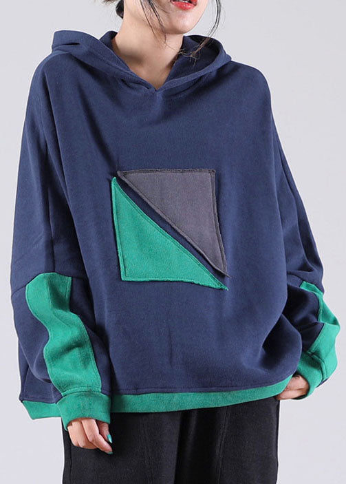 Navy Hooded Pockets Warm Fleece Sweatshirts Top Winter