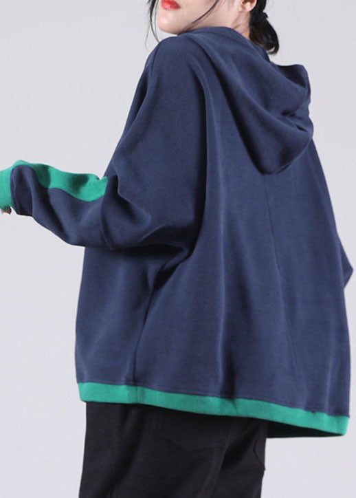 Navy Hooded Pockets Warm Fleece Sweatshirts Top Winter