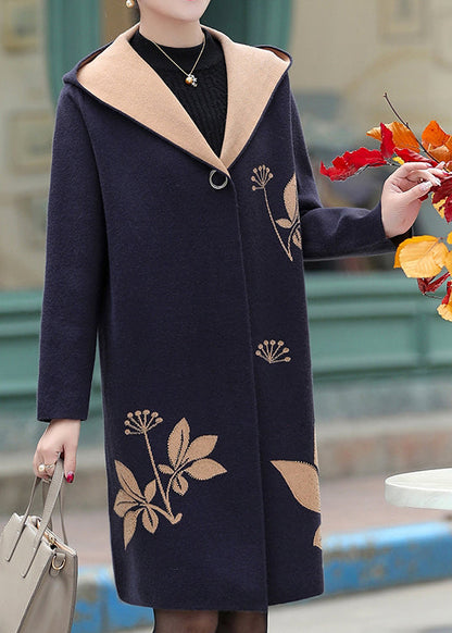 Navy Jacquard Zircon Hooded Woolen Coat Spring