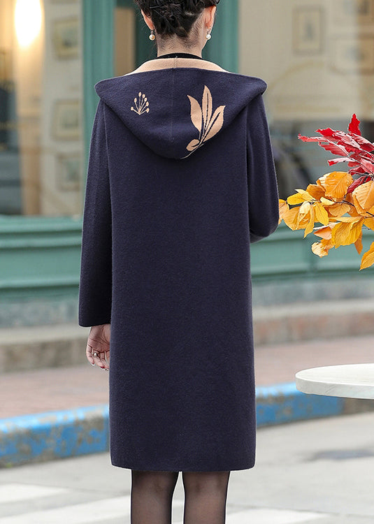 Navy Jacquard Zircon Hooded Woolen Coat Spring
