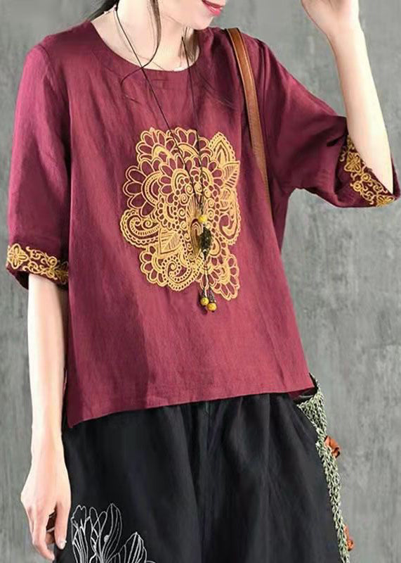 Navy O Neck Embroidered Cotton T Shirt Summer