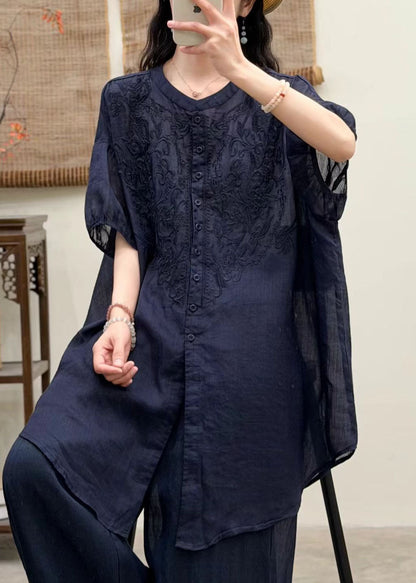 Navy O-neck Embroidered Linen Shirt Top Summer