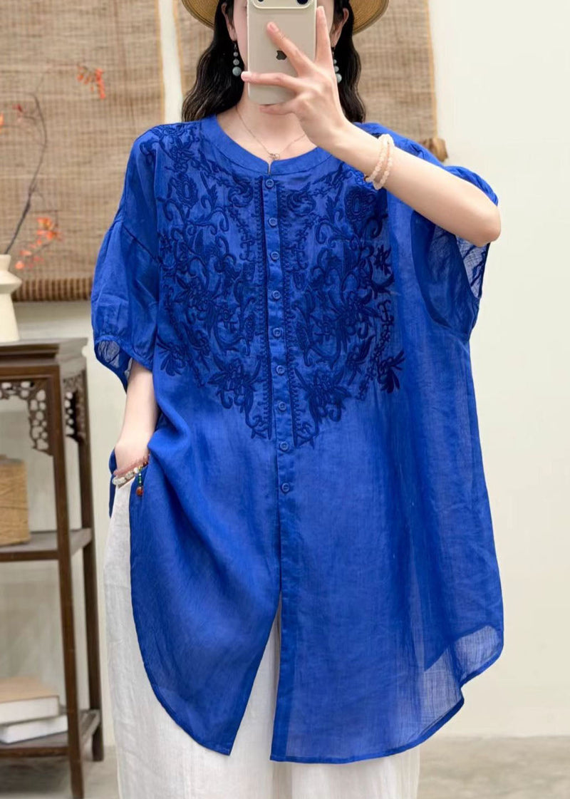 Navy O-neck Embroidered Linen Shirt Top Summer