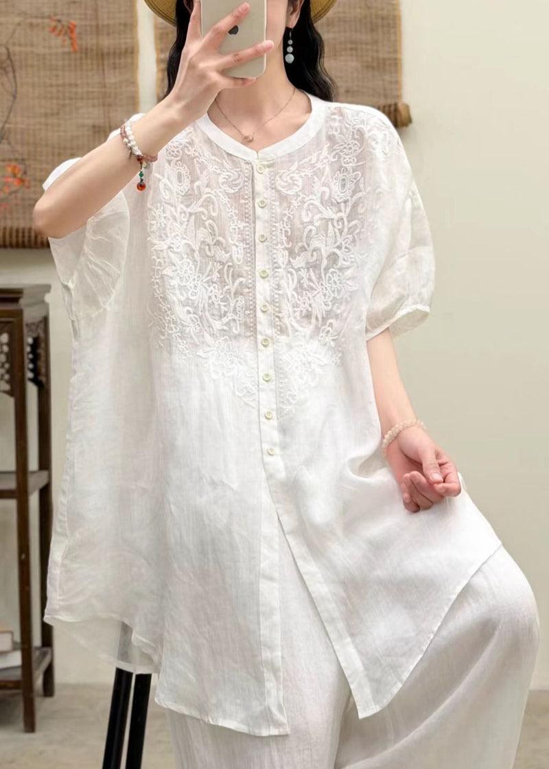 Navy O-neck Embroidered Linen Shirt Top Summer