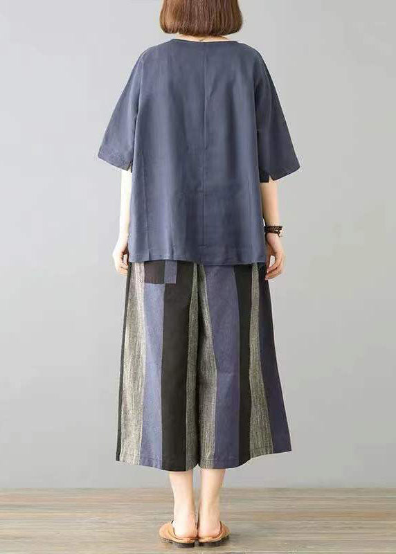 Navy O-neck Embroideried Striped Linen Tops and Straight Pants Two Pieces Set Short Sleeve