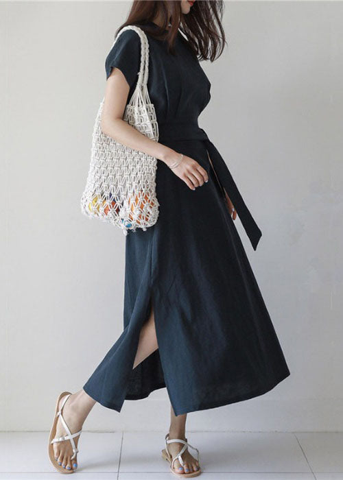 Navy O Neck Patchwork Side Open Tie Waist Cotton Dresses Summer