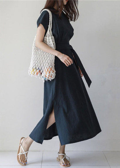 Navy O Neck Patchwork Side Open Tie Waist Cotton Dresses Summer