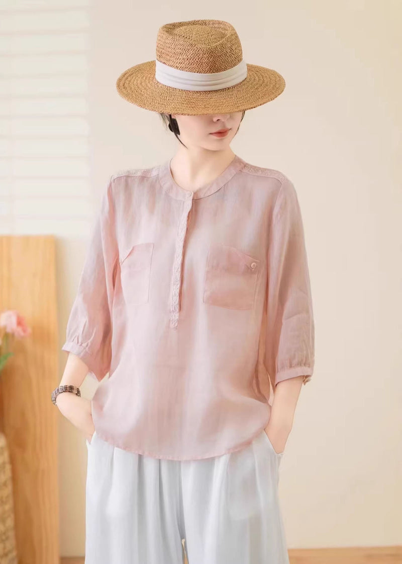 Navy O Neck Pockets Linen Top Summer