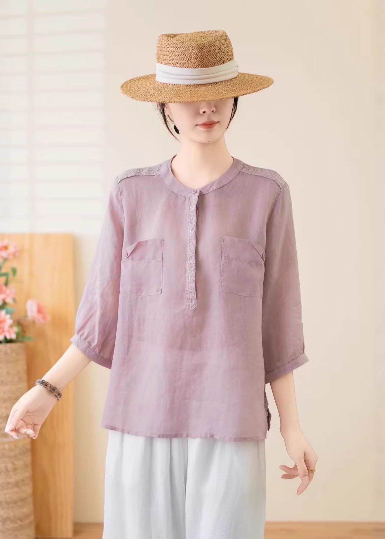 Navy O Neck Pockets Linen Top Summer