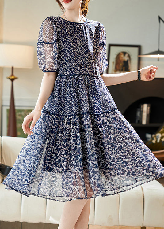 Navy O Neck Print Patchwork Chiffon Dresses Summer