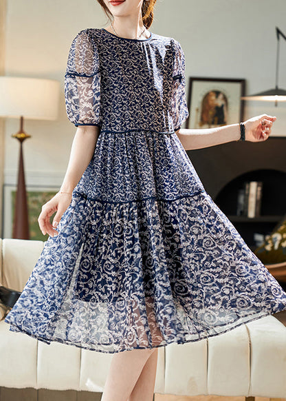 Navy O Neck Print Patchwork Chiffon Dresses Summer