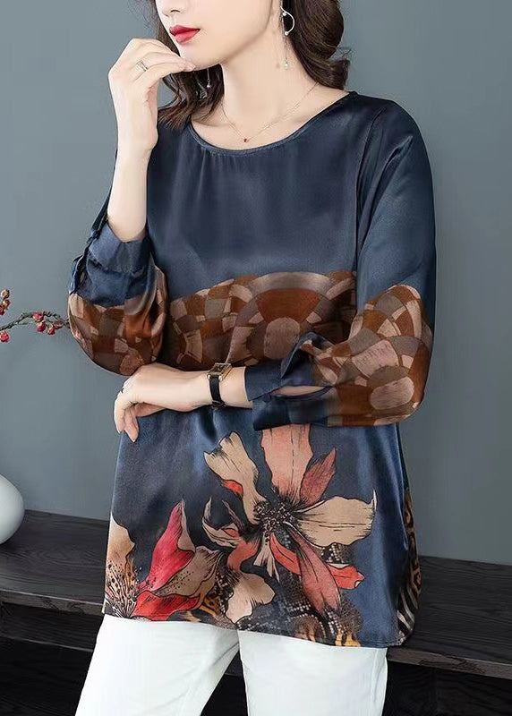 Navy O Neck Print Patchwork Silk Tops Fall
