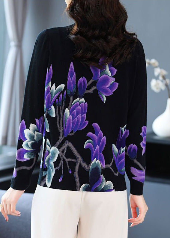 Navy O Neck Print Wool Knit Sweaters Long Sleeve