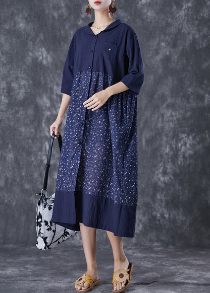 Navy Oversized Patchwork Print Linen Robe Dresses Summer