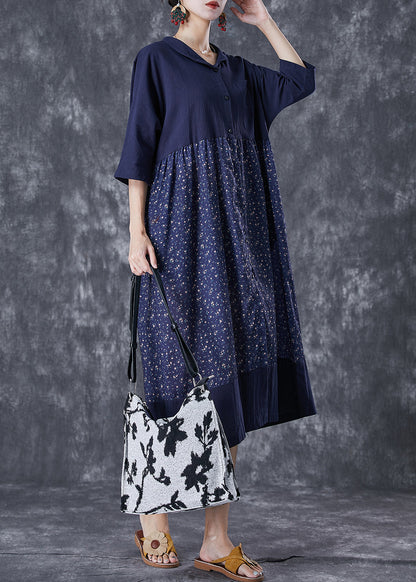 Navy Oversized Patchwork Print Linen Robe Dresses Summer