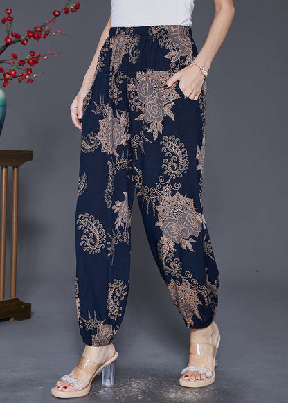 Navy Oversized Print Cotton Lantern Pants Fall