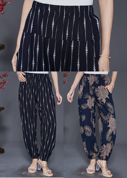 Navy Oversized Print Cotton Lantern Pants Fall