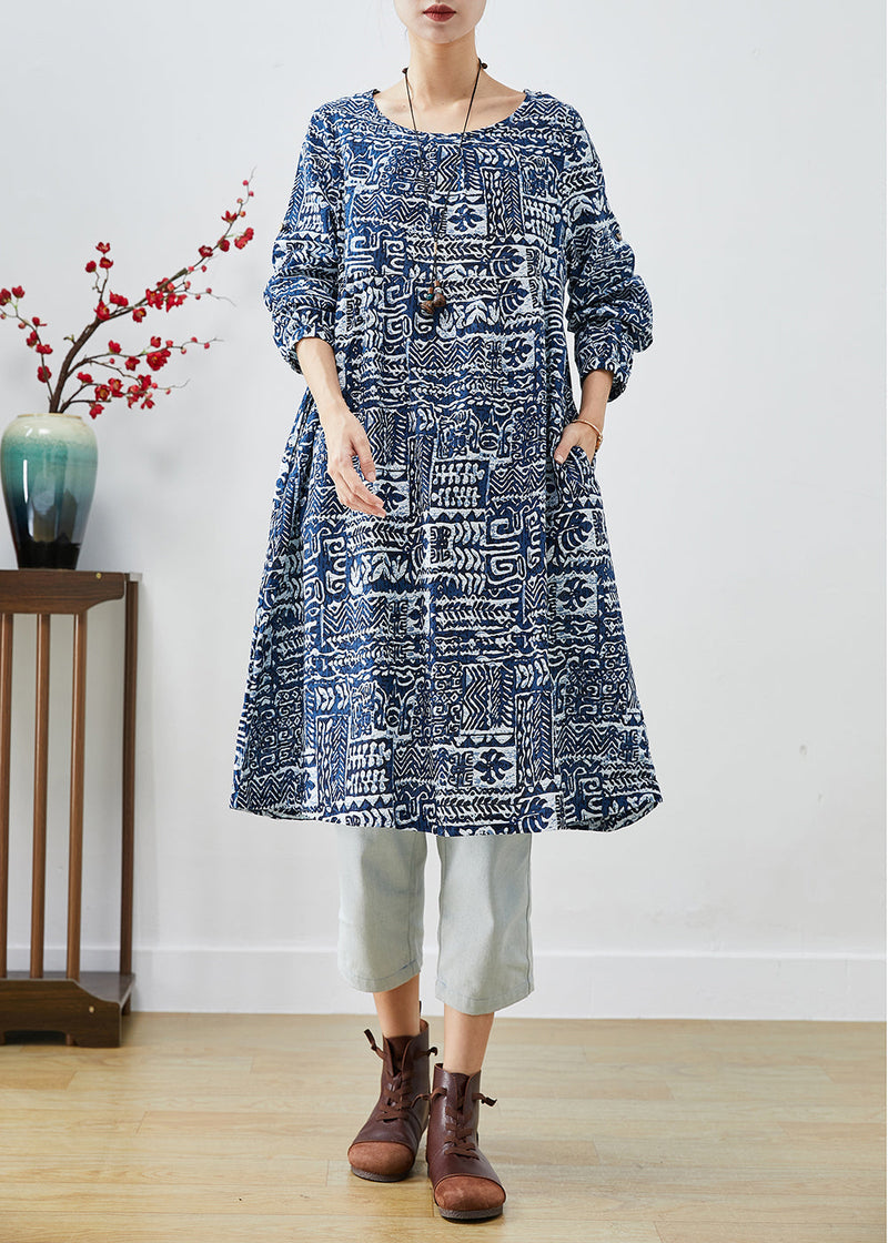 Navy Oversized Print Linen Dress Fall
