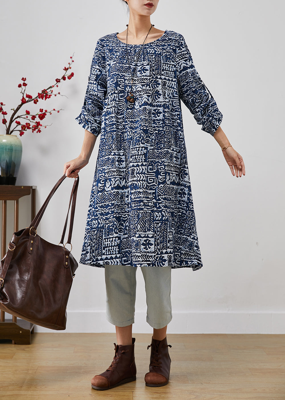 Navy Oversized Print Linen Dress Fall